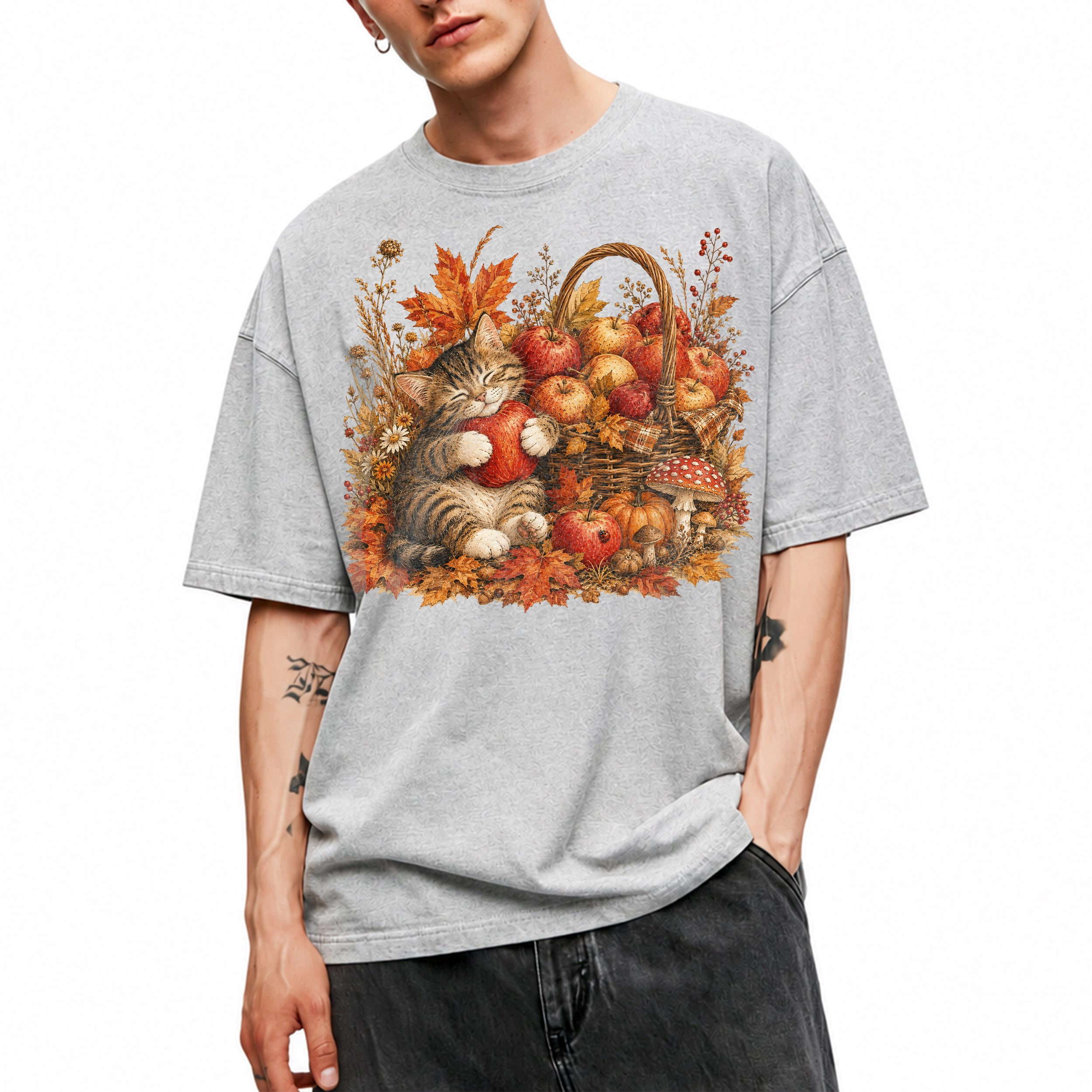 SF_COLOR=sport-grey; SF_ITEM=adult-t-shirt; SF_ROLE=main; Tabby Kitten Hugging Red Apple Basket T-Shirt Cozy Autumn Cat Harvest Tee - Sport Grey Adult T-Shirt product image
