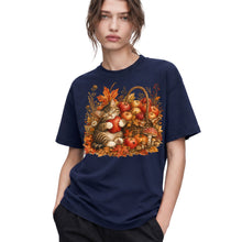 SF_COLOR=navy; SF_ITEM=adult-t-shirt; SF_ROLE=gallery; Tabby Kitten Hugging Red Apple Basket T-Shirt Cozy Autumn Cat Harvest Tee - Navy Adult T-Shirt product image