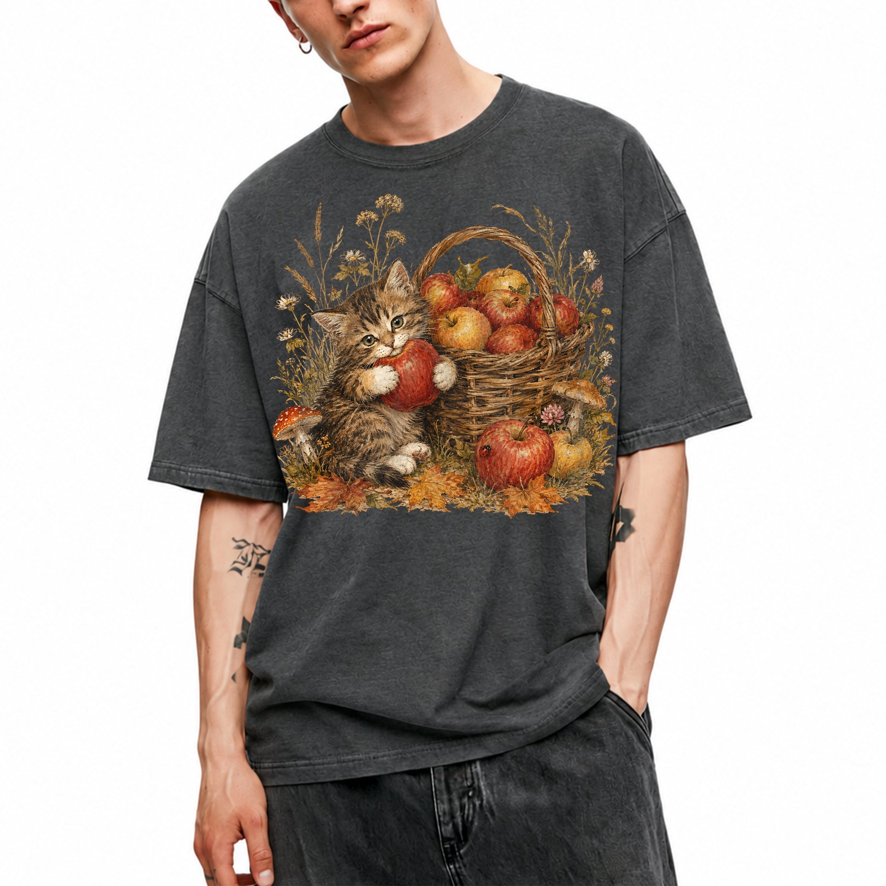 SF_COLOR=dark-heather; SF_ITEM=adult-t-shirt; SF_ROLE=main; Tabby Kitten Holding Apple Autumn Basket T-Shirt Cute Fall Cat Harvest Tee - Dark Heather Adult T-Shirt product image