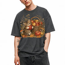 SF_COLOR=dark-heather; SF_ITEM=adult-t-shirt; SF_ROLE=main; Tabby Kitten Holding Apple Autumn Basket T-Shirt Cute Fall Cat Harvest Tee - Dark Heather Adult T-Shirt product image