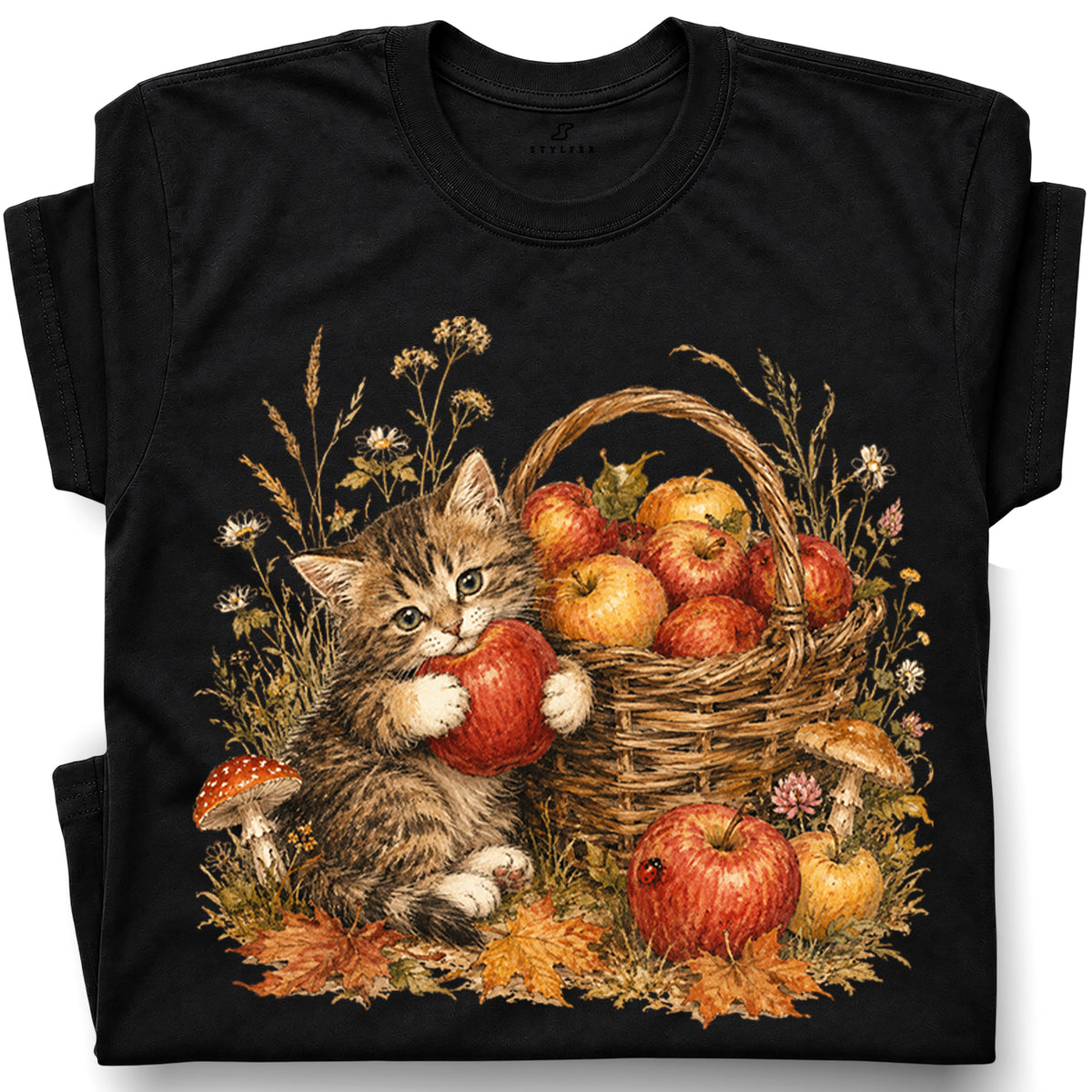 SF_COLOR=black; SF_ITEM=adult-t-shirt; SF_ROLE=gallery; Tabby Kitten Holding Apple Autumn Basket T-Shirt Cute Fall Cat Harvest Tee - Black Adult T-Shirt product image