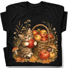 SF_COLOR=black; SF_ITEM=adult-t-shirt; SF_ROLE=gallery; Tabby Kitten Holding Apple Autumn Basket T-Shirt Cute Fall Cat Harvest Tee - Black Adult T-Shirt product image