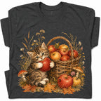 SF_COLOR=dark-heather; SF_ITEM=adult-t-shirt; SF_ROLE=gallery; Tabby Kitten Holding Apple Autumn Basket T-Shirt Cute Fall Cat Harvest Tee - Dark Heather Adult T-Shirt product image
