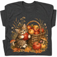 SF_COLOR=dark-heather; SF_ITEM=adult-t-shirt; SF_ROLE=gallery; Tabby Kitten Holding Apple Autumn Basket T-Shirt Cute Fall Cat Harvest Tee - Dark Heather Adult T-Shirt product image