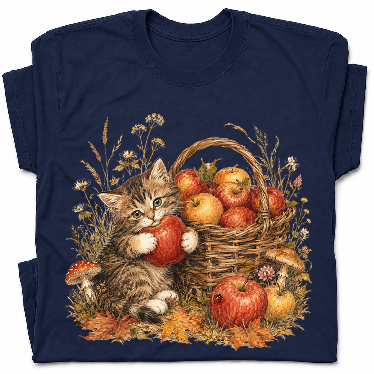 SF_COLOR=navy; SF_ITEM=adult-t-shirt; SF_ROLE=gallery; Tabby Kitten Holding Apple Autumn Basket T-Shirt Cute Fall Cat Harvest Tee - Navy Adult T-Shirt product image