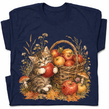 SF_COLOR=navy; SF_ITEM=adult-t-shirt; SF_ROLE=gallery; Tabby Kitten Holding Apple Autumn Basket T-Shirt Cute Fall Cat Harvest Tee - Navy Adult T-Shirt product image