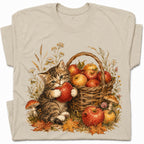 SF_COLOR=sand; SF_ITEM=adult-t-shirt; SF_ROLE=gallery; Tabby Kitten Holding Apple Autumn Basket T-Shirt Cute Fall Cat Harvest Tee - Sand Adult T-Shirt product image
