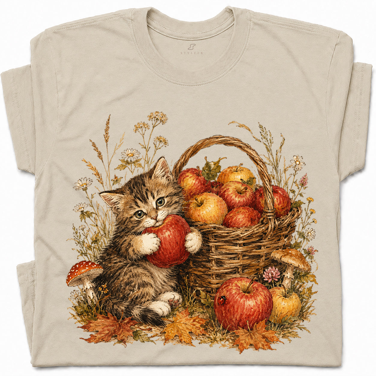 SF_COLOR=sand; SF_ITEM=adult-t-shirt; SF_ROLE=gallery; Tabby Kitten Holding Apple Autumn Basket T-Shirt Cute Fall Cat Harvest Tee - Sand Adult T-Shirt product image
