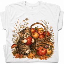 SF_COLOR=white; SF_ITEM=adult-t-shirt; SF_ROLE=gallery; Tabby Kitten Holding Apple Autumn Basket T-Shirt Cute Fall Cat Harvest Tee - White Adult T-Shirt product image
