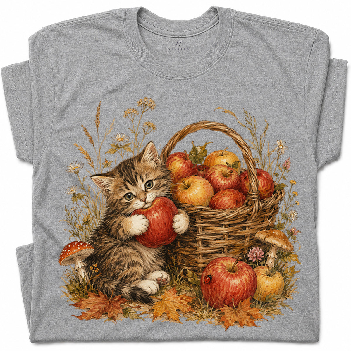 SF_COLOR=sport-grey; SF_ITEM=adult-t-shirt; SF_ROLE=gallery; Tabby Kitten Holding Apple Autumn Basket T-Shirt Cute Fall Cat Harvest Tee - Sport Grey Adult T-Shirt product image