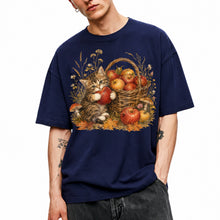 SF_COLOR=navy; SF_ITEM=adult-t-shirt; SF_ROLE=main; Tabby Kitten Holding Apple Autumn Basket T-Shirt Cute Fall Cat Harvest Tee - Navy Adult T-Shirt product image