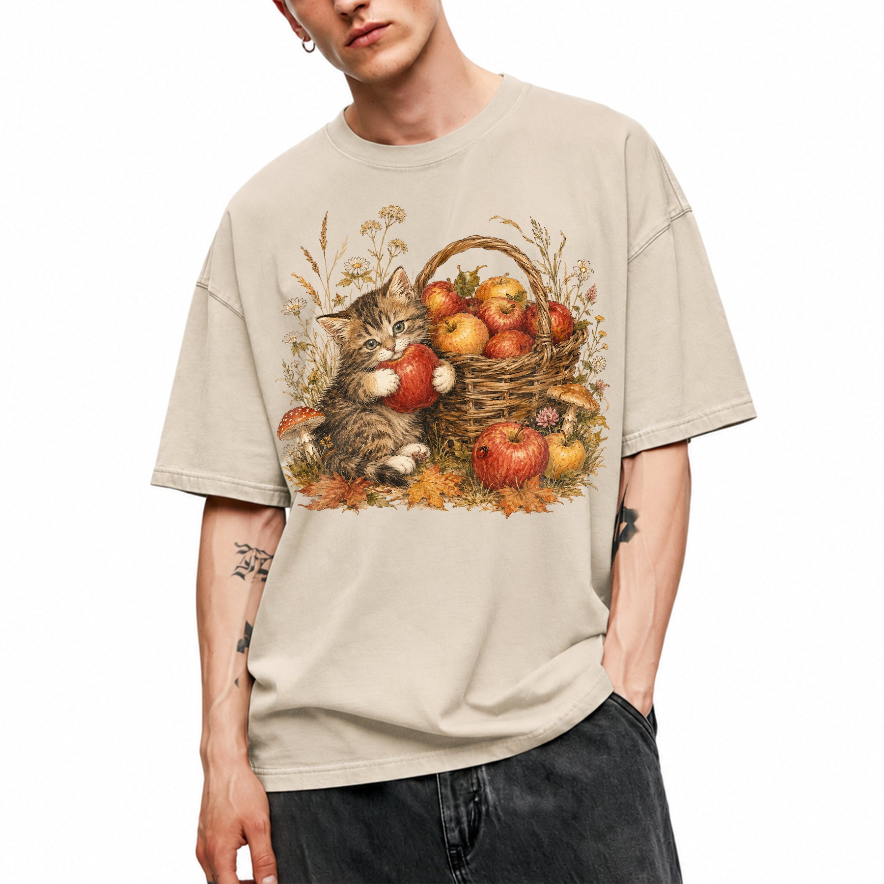 SF_COLOR=sand; SF_ITEM=adult-t-shirt; SF_ROLE=main; Tabby Kitten Holding Apple Autumn Basket T-Shirt Cute Fall Cat Harvest Tee - Sand Adult T-Shirt product image