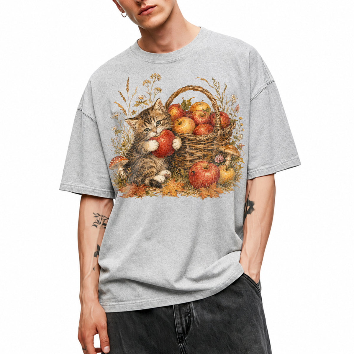 SF_COLOR=sport-grey; SF_ITEM=adult-t-shirt; SF_ROLE=main; Tabby Kitten Holding Apple Autumn Basket T-Shirt Cute Fall Cat Harvest Tee - Sport Grey Adult T-Shirt product image