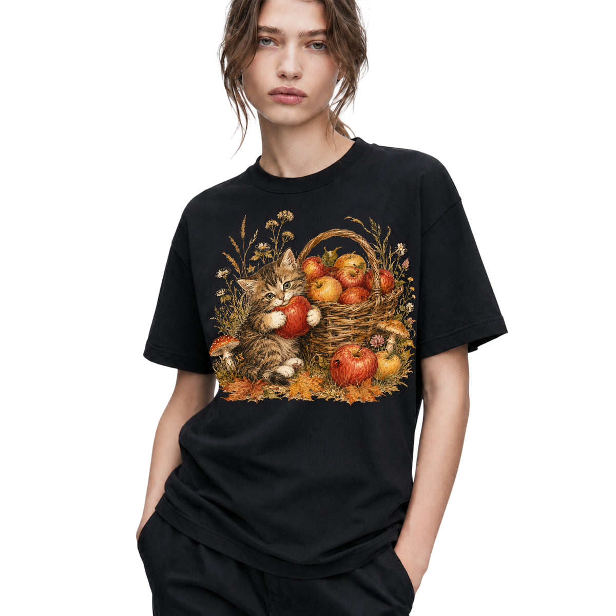 SF_COLOR=black; SF_ITEM=adult-t-shirt; SF_ROLE=gallery; Tabby Kitten Holding Apple Autumn Basket T-Shirt Cute Fall Cat Harvest Tee - Black Adult T-Shirt product image