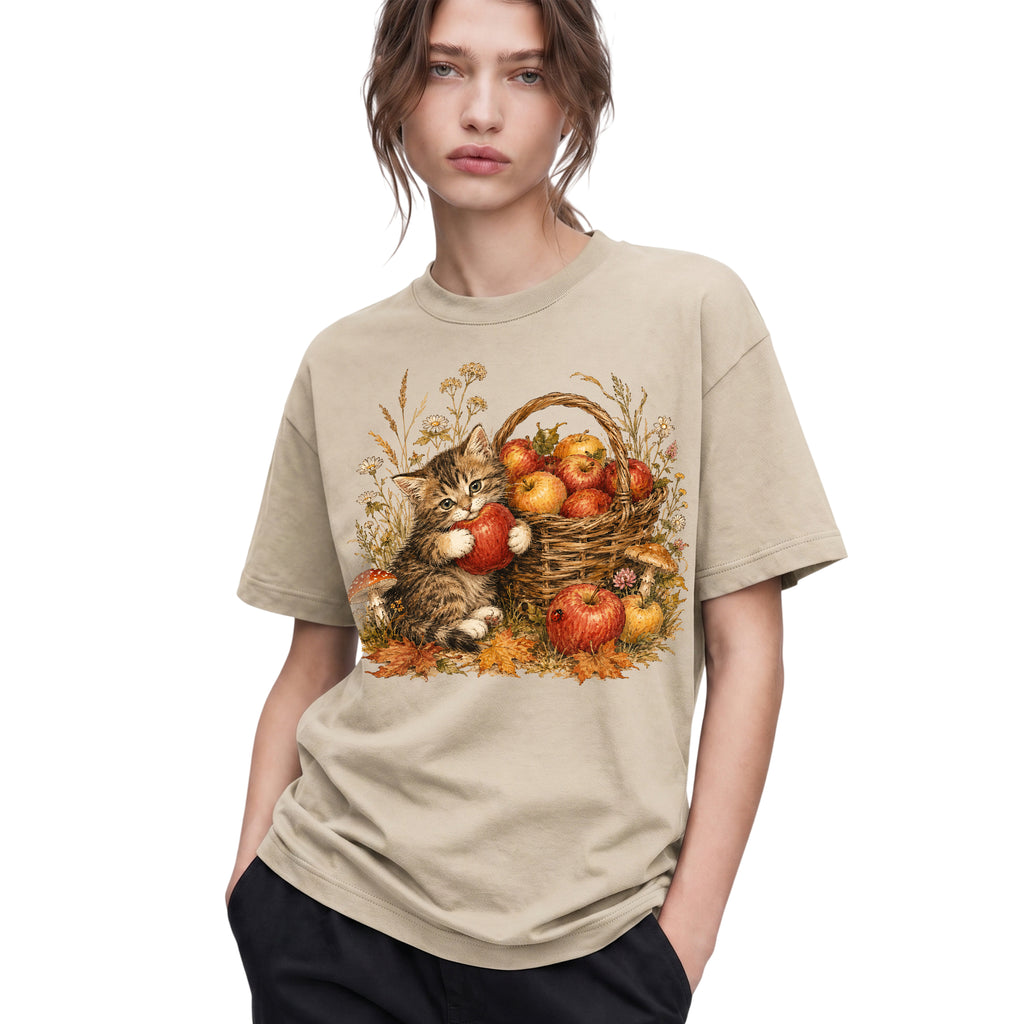 SF_COLOR=sand; SF_ITEM=adult-t-shirt; SF_ROLE=gallery; Tabby Kitten Holding Apple Autumn Basket T-Shirt Cute Fall Cat Harvest Tee - Sand Adult T-Shirt product image