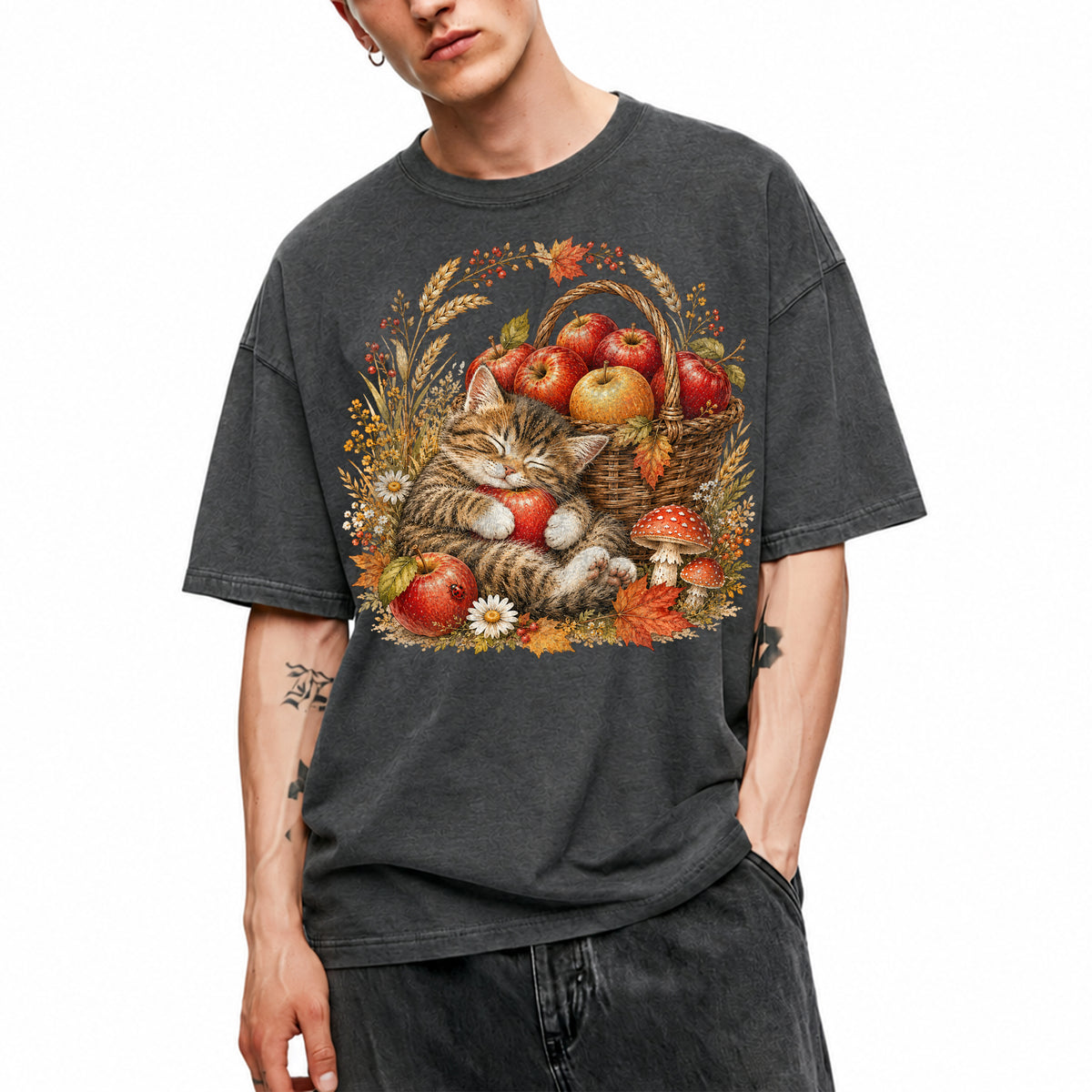 SF_COLOR=dark-heather; SF_ITEM=adult-t-shirt; SF_ROLE=main; Tabby Kitten Holding Apple Basket T-Shirt Sweet Fall Harvest Cat Tee - Dark Heather Adult T-Shirt product image