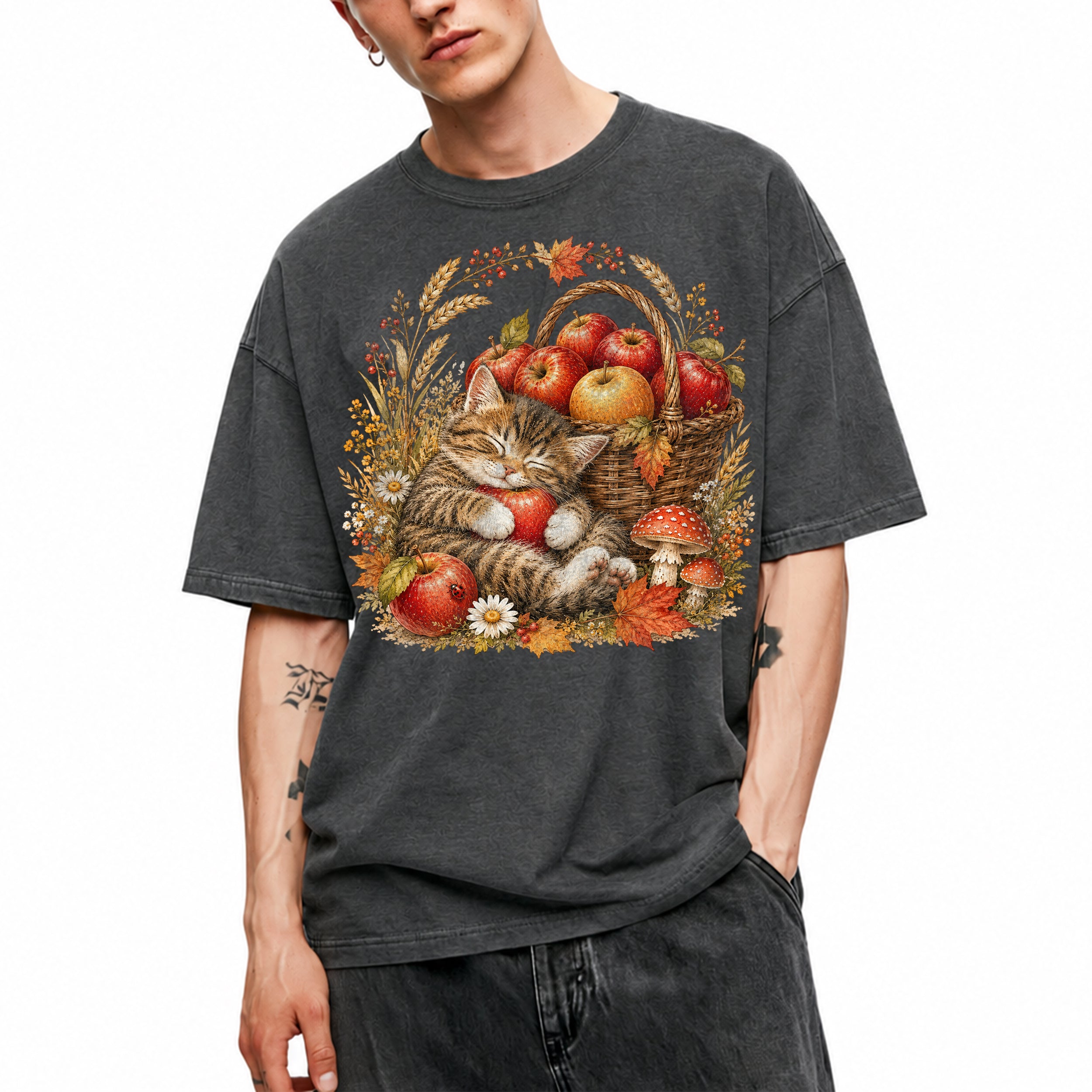 SF_COLOR=dark-heather; SF_ITEM=adult-t-shirt; SF_ROLE=main; Tabby Kitten Holding Apple Basket T-Shirt Sweet Fall Harvest Cat Tee - Dark Heather Adult T-Shirt product image