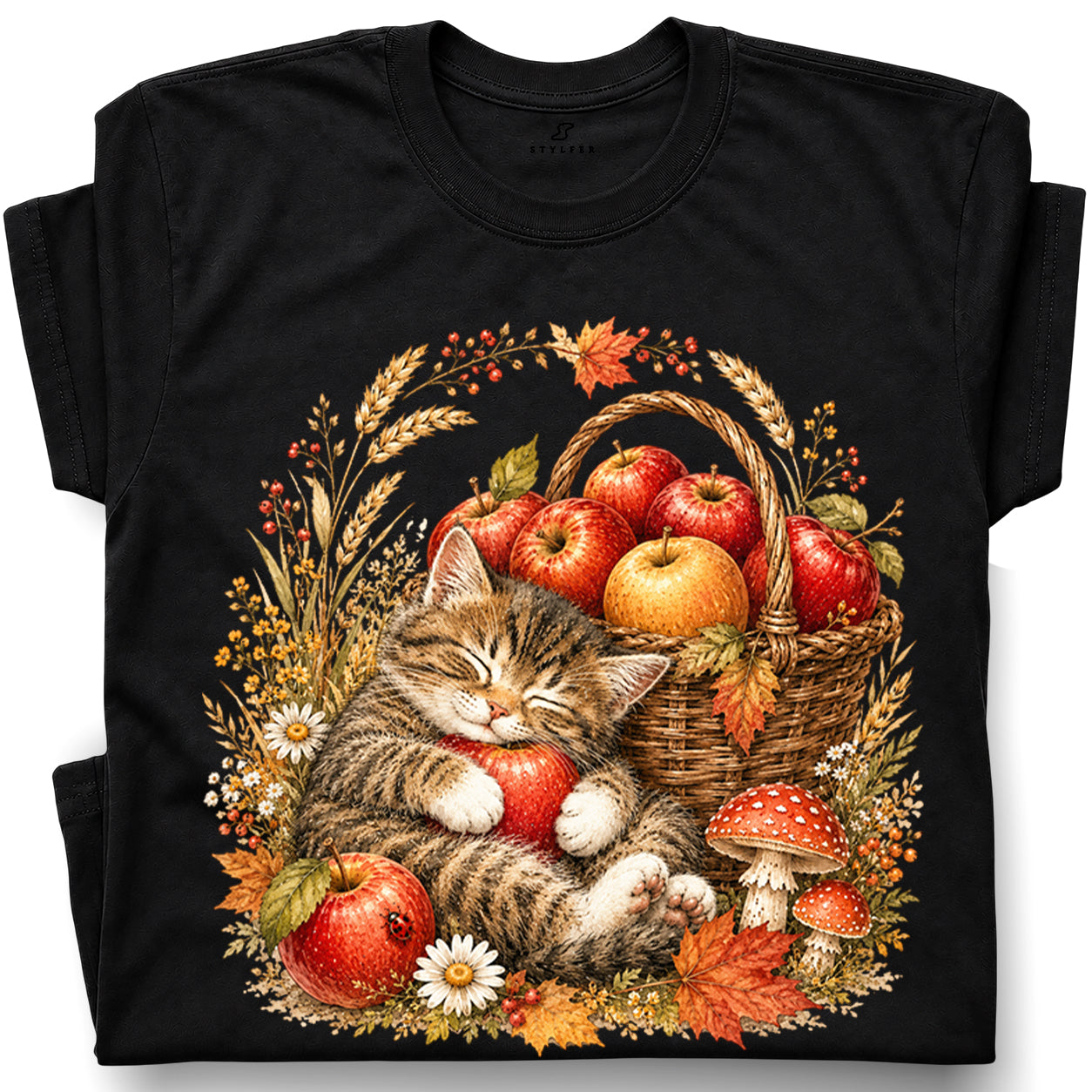 SF_COLOR=black; SF_ITEM=adult-t-shirt; SF_ROLE=gallery; Tabby Kitten Holding Apple Basket T-Shirt Sweet Fall Harvest Cat Tee - Black Adult T-Shirt product image