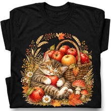 SF_COLOR=black; SF_ITEM=adult-t-shirt; SF_ROLE=gallery; Tabby Kitten Holding Apple Basket T-Shirt Sweet Fall Harvest Cat Tee - Black Adult T-Shirt product image