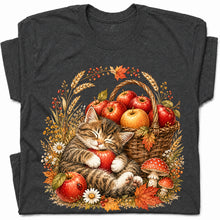 SF_COLOR=dark-heather; SF_ITEM=adult-t-shirt; SF_ROLE=gallery; Tabby Kitten Holding Apple Basket T-Shirt Sweet Fall Harvest Cat Tee - Dark Heather Adult T-Shirt product image