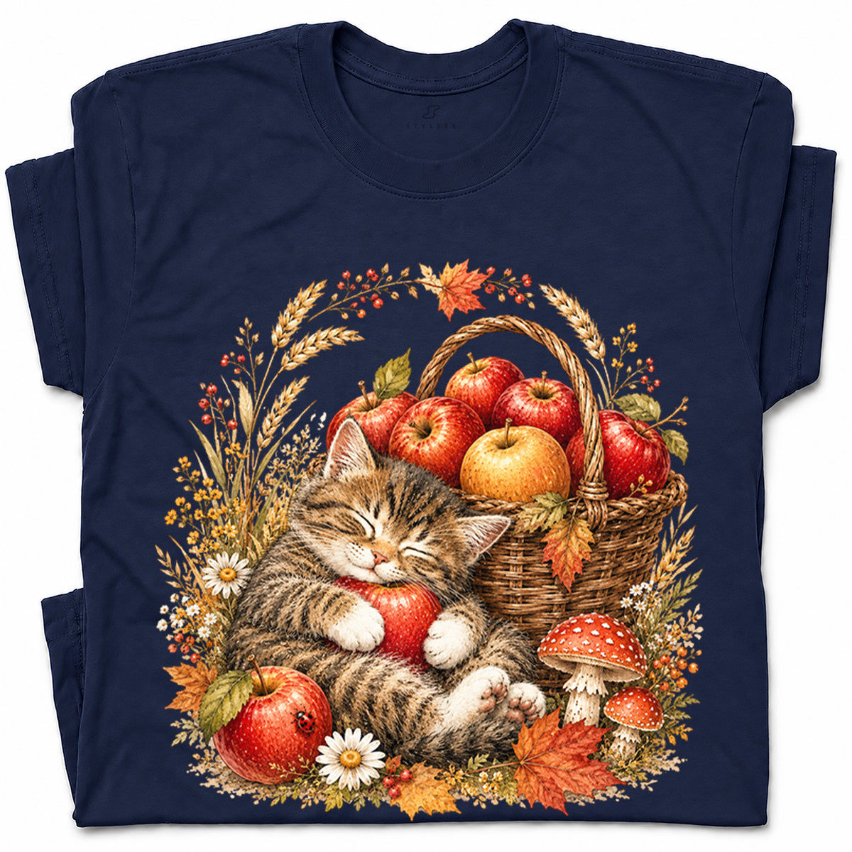 SF_COLOR=navy; SF_ITEM=adult-t-shirt; SF_ROLE=gallery; Tabby Kitten Holding Apple Basket T-Shirt Sweet Fall Harvest Cat Tee - Navy Adult T-Shirt product image