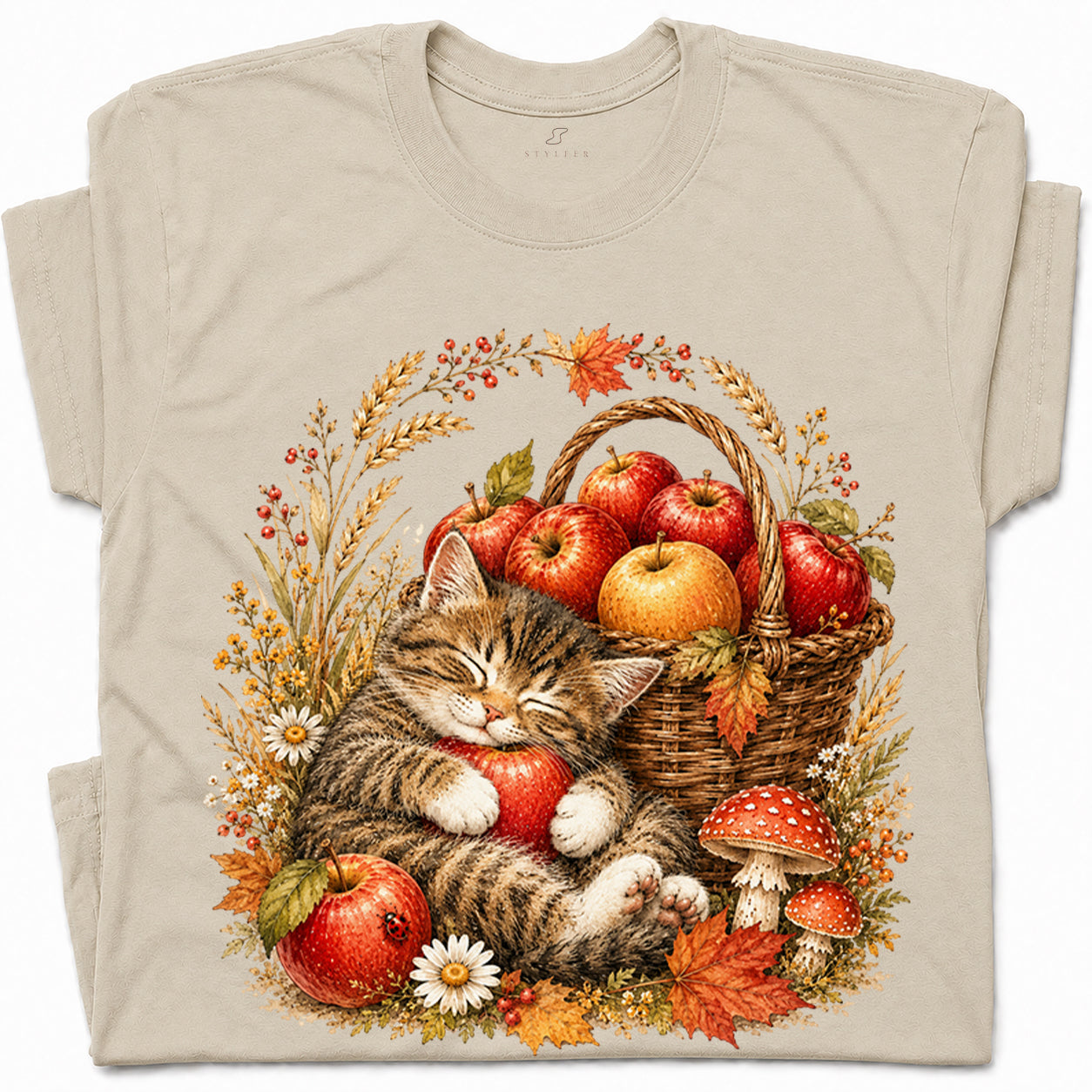 SF_COLOR=sand; SF_ITEM=adult-t-shirt; SF_ROLE=gallery; Tabby Kitten Holding Apple Basket T-Shirt Sweet Fall Harvest Cat Tee - Sand Adult T-Shirt product image