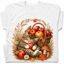 SF_COLOR=white; SF_ITEM=adult-t-shirt; SF_ROLE=gallery; Tabby Kitten Holding Apple Basket T-Shirt Sweet Fall Harvest Cat Tee - White Adult T-Shirt product image