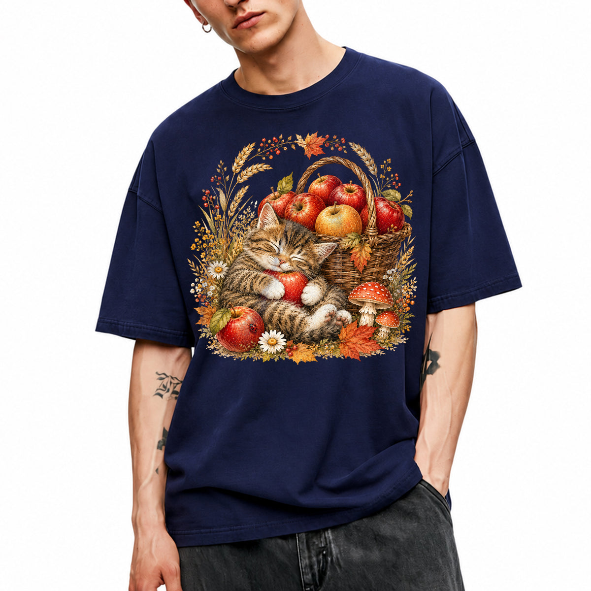 SF_COLOR=navy; SF_ITEM=adult-t-shirt; SF_ROLE=main; Tabby Kitten Holding Apple Basket T-Shirt Sweet Fall Harvest Cat Tee - Navy Adult T-Shirt product image