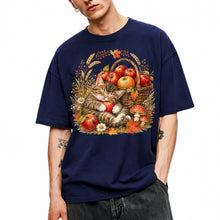 SF_COLOR=navy; SF_ITEM=adult-t-shirt; SF_ROLE=main; Tabby Kitten Holding Apple Basket T-Shirt Sweet Fall Harvest Cat Tee - Navy Adult T-Shirt product image