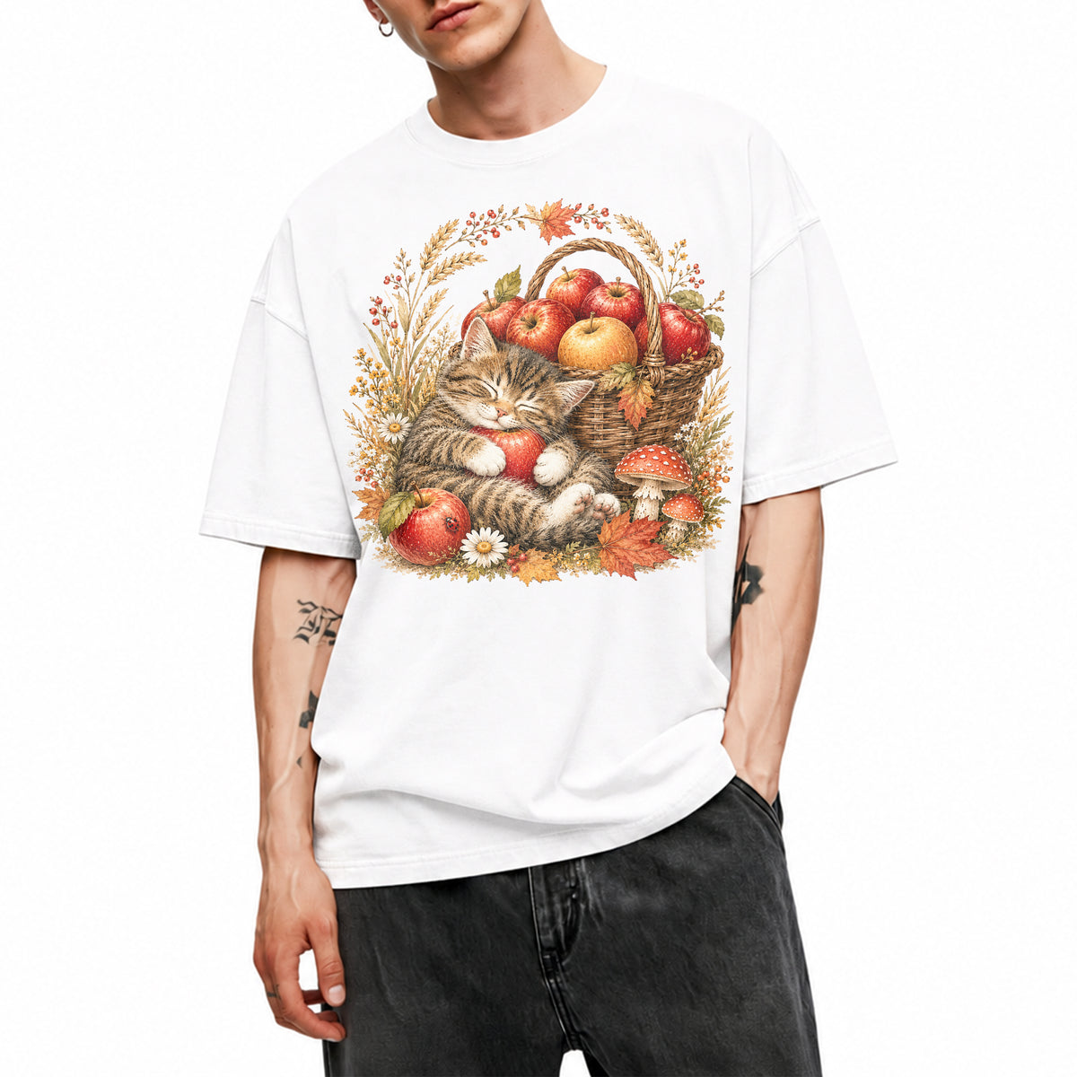 SF_COLOR=white; SF_ITEM=adult-t-shirt; SF_ROLE=main; Tabby Kitten Holding Apple Basket T-Shirt Sweet Fall Harvest Cat Tee - White Adult T-Shirt product image
