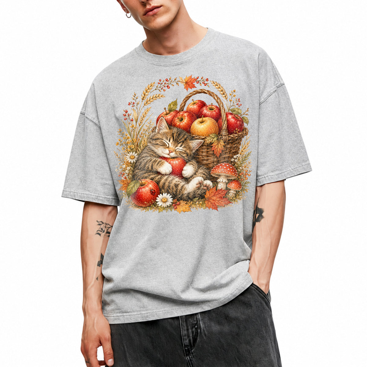 SF_COLOR=sport-grey; SF_ITEM=adult-t-shirt; SF_ROLE=main; Tabby Kitten Holding Apple Basket T-Shirt Sweet Fall Harvest Cat Tee - Sport Grey Adult T-Shirt product image