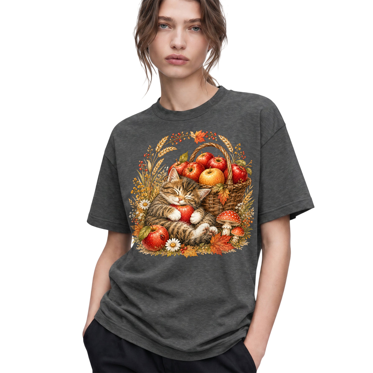 SF_COLOR=dark-heather; SF_ITEM=adult-t-shirt; SF_ROLE=gallery; Tabby Kitten Holding Apple Basket T-Shirt Sweet Fall Harvest Cat Tee - Dark Heather Adult T-Shirt product image