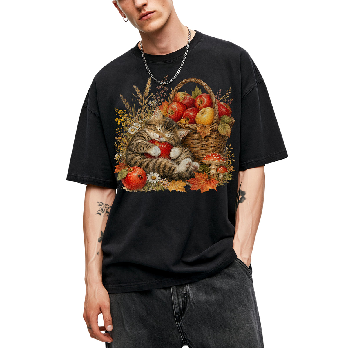 SF_COLOR=black; SF_ITEM=adult-t-shirt; SF_ROLE=main; Tabby Kitten Sleeping Apple Basket T-Shirt Peaceful Autumn Cat Tee - Black Adult T-Shirt product image