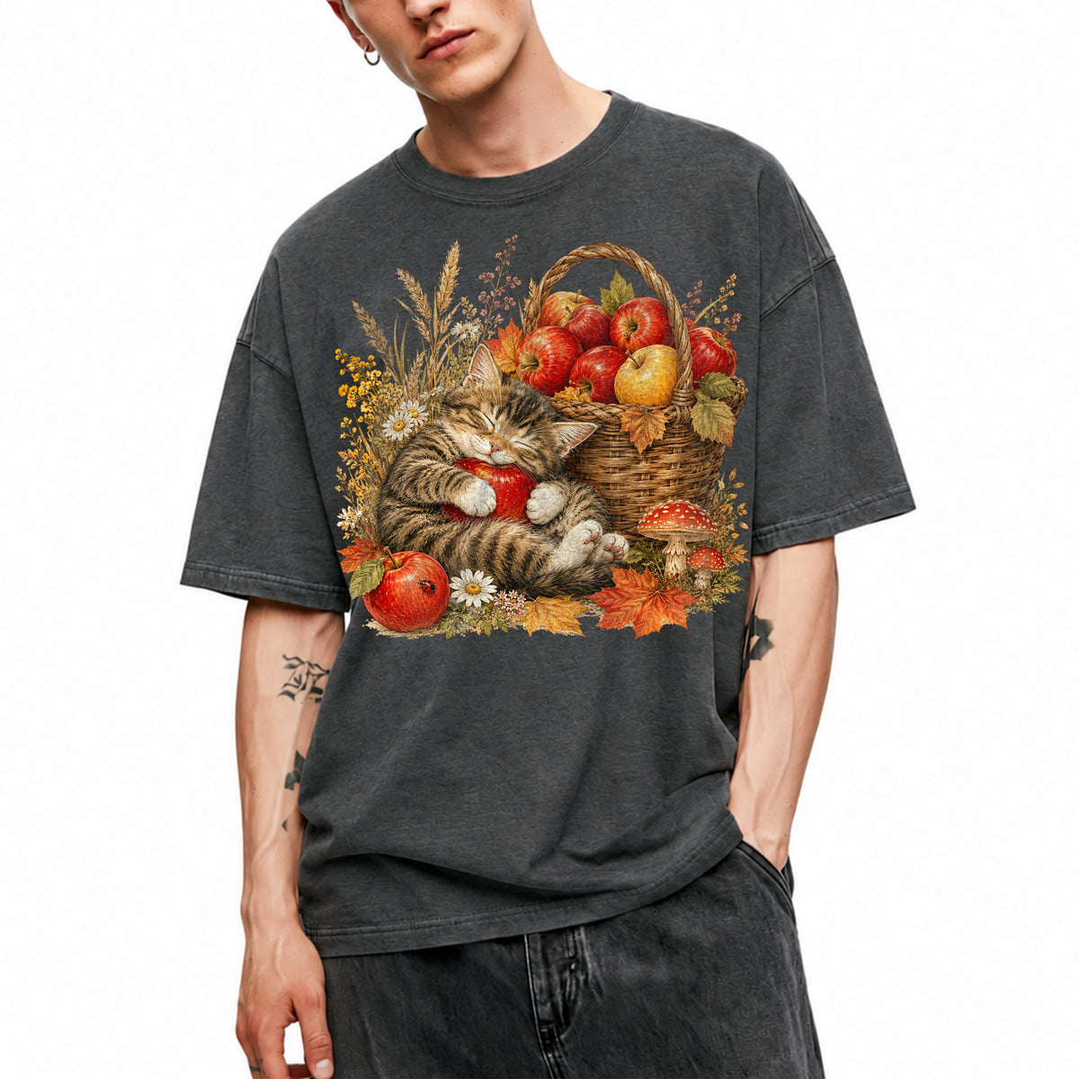 SF_COLOR=dark-heather; SF_ITEM=adult-t-shirt; SF_ROLE=main; Tabby Kitten Sleeping Apple Basket T-Shirt Peaceful Autumn Cat Tee - Dark Heather Adult T-Shirt product image