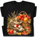 SF_COLOR=black; SF_ITEM=adult-t-shirt; SF_ROLE=gallery; Tabby Kitten Sleeping Apple Basket T-Shirt Peaceful Autumn Cat Tee - Black Adult T-Shirt product image