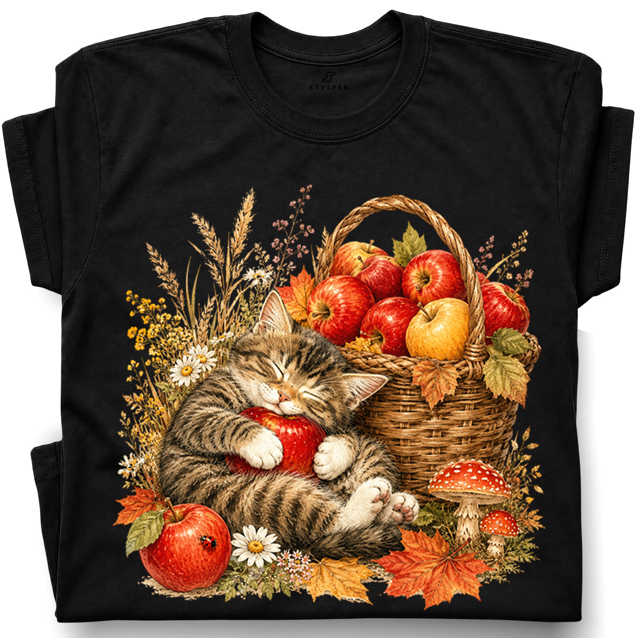 SF_COLOR=black; SF_ITEM=adult-t-shirt; SF_ROLE=gallery; Tabby Kitten Sleeping Apple Basket T-Shirt Peaceful Autumn Cat Tee - Black Adult T-Shirt product image