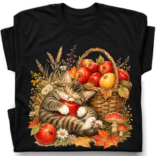 SF_COLOR=black; SF_ITEM=adult-t-shirt; SF_ROLE=gallery; Tabby Kitten Sleeping Apple Basket T-Shirt Peaceful Autumn Cat Tee - Black Adult T-Shirt product image