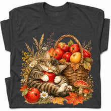 SF_COLOR=dark-heather; SF_ITEM=adult-t-shirt; SF_ROLE=gallery; Tabby Kitten Sleeping Apple Basket T-Shirt Peaceful Autumn Cat Tee - Dark Heather Adult T-Shirt product image