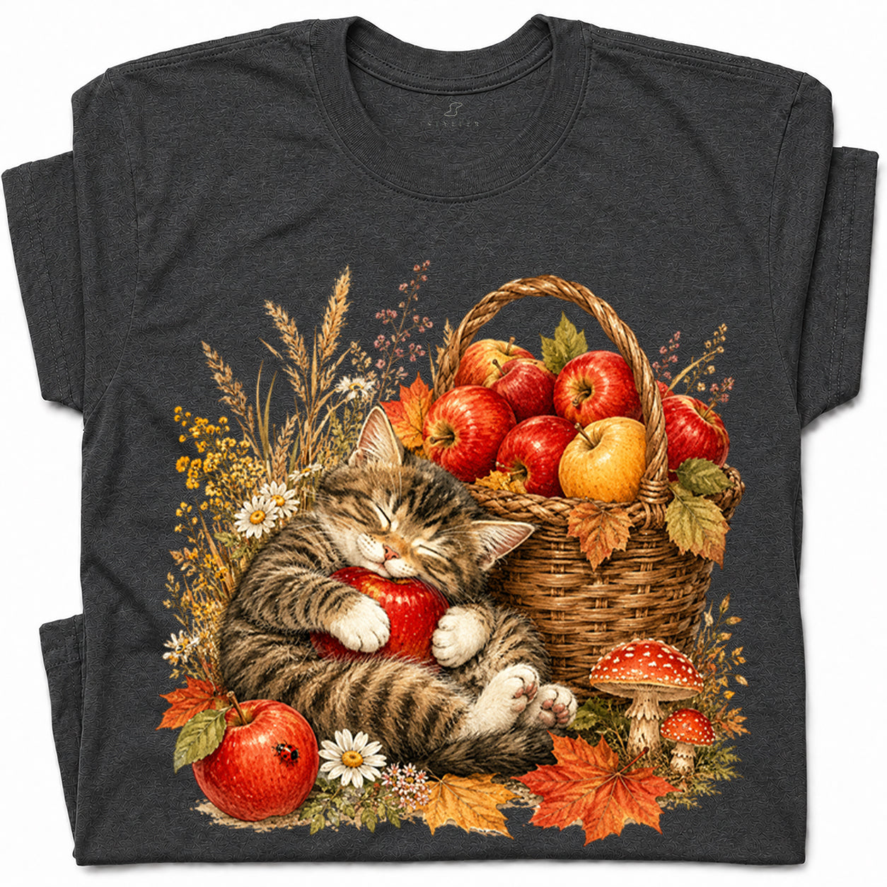 SF_COLOR=dark-heather; SF_ITEM=adult-t-shirt; SF_ROLE=gallery; Tabby Kitten Sleeping Apple Basket T-Shirt Peaceful Autumn Cat Tee - Dark Heather Adult T-Shirt product image