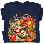 SF_COLOR=navy; SF_ITEM=adult-t-shirt; SF_ROLE=gallery; Tabby Kitten Sleeping Apple Basket T-Shirt Peaceful Autumn Cat Tee - Navy Adult T-Shirt product image