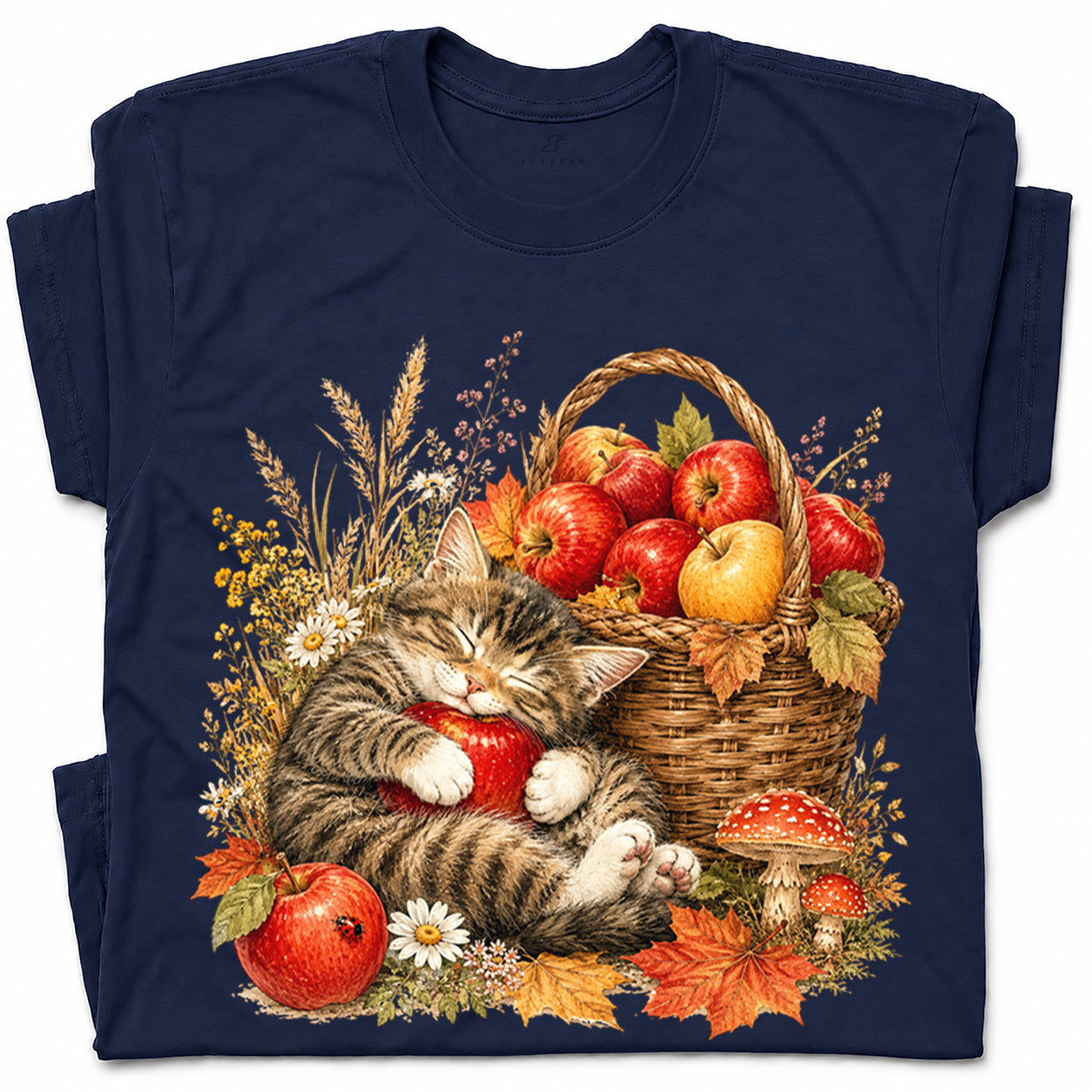 SF_COLOR=navy; SF_ITEM=adult-t-shirt; SF_ROLE=gallery; Tabby Kitten Sleeping Apple Basket T-Shirt Peaceful Autumn Cat Tee - Navy Adult T-Shirt product image