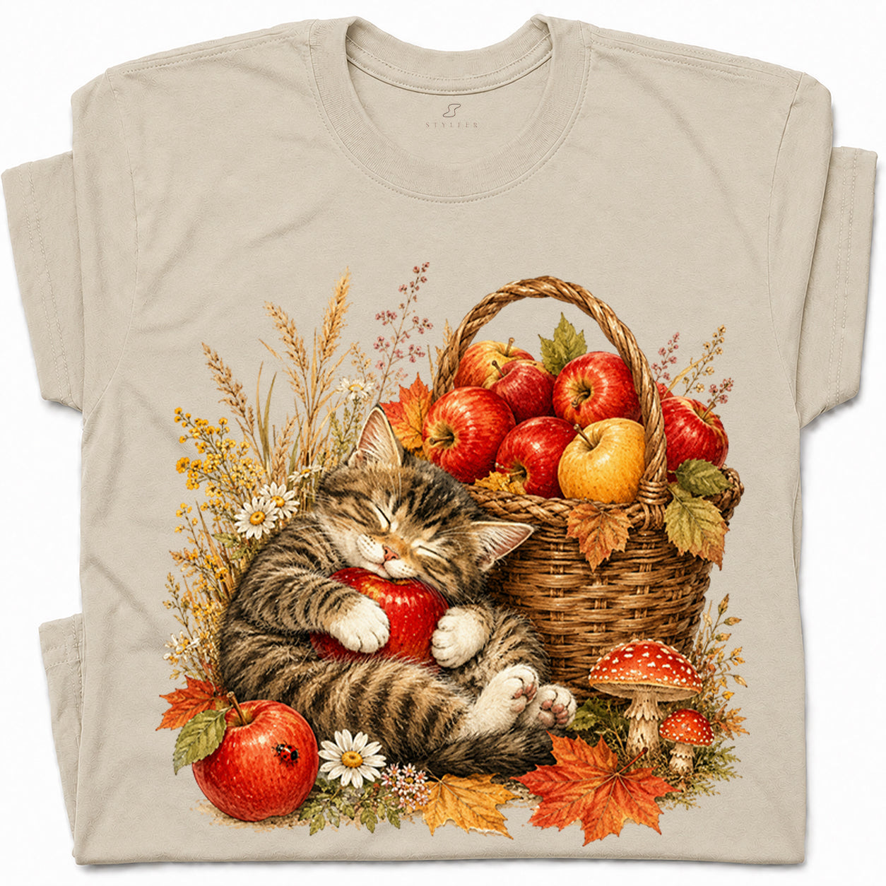 SF_COLOR=sand; SF_ITEM=adult-t-shirt; SF_ROLE=gallery; Tabby Kitten Sleeping Apple Basket T-Shirt Peaceful Autumn Cat Tee - Sand Adult T-Shirt product image