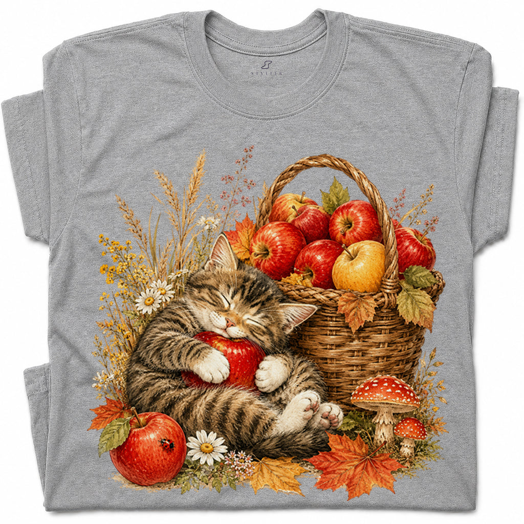 SF_COLOR=sport-grey; SF_ITEM=adult-t-shirt; SF_ROLE=gallery; Tabby Kitten Sleeping Apple Basket T-Shirt Peaceful Autumn Cat Tee - Sport Grey Adult T-Shirt product image