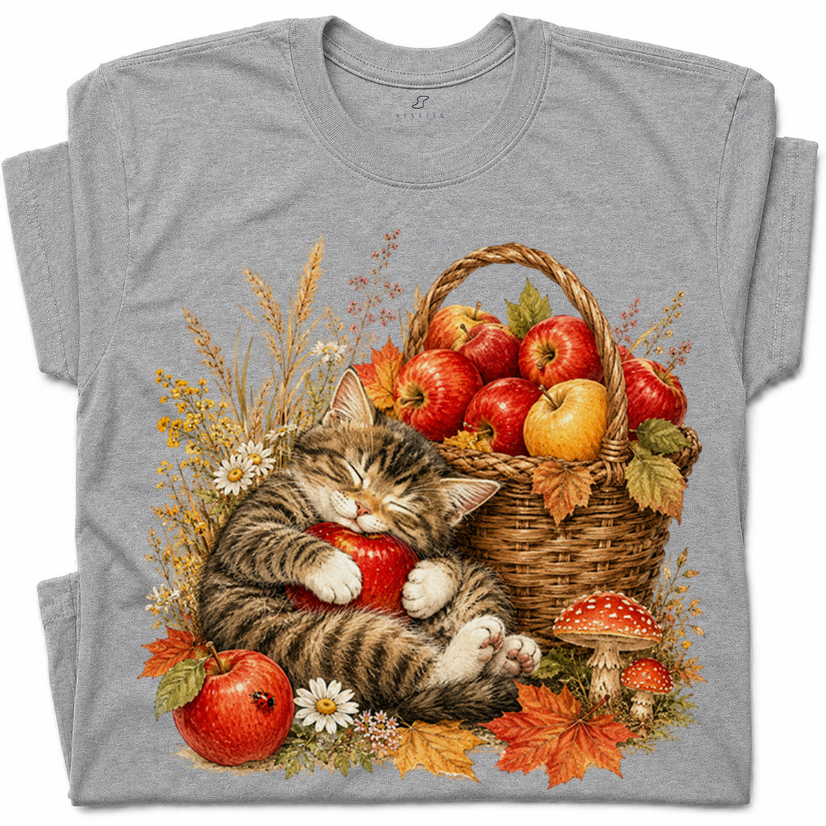 SF_COLOR=sport-grey; SF_ITEM=adult-t-shirt; SF_ROLE=gallery; Tabby Kitten Sleeping Apple Basket T-Shirt Peaceful Autumn Cat Tee - Sport Grey Adult T-Shirt product image