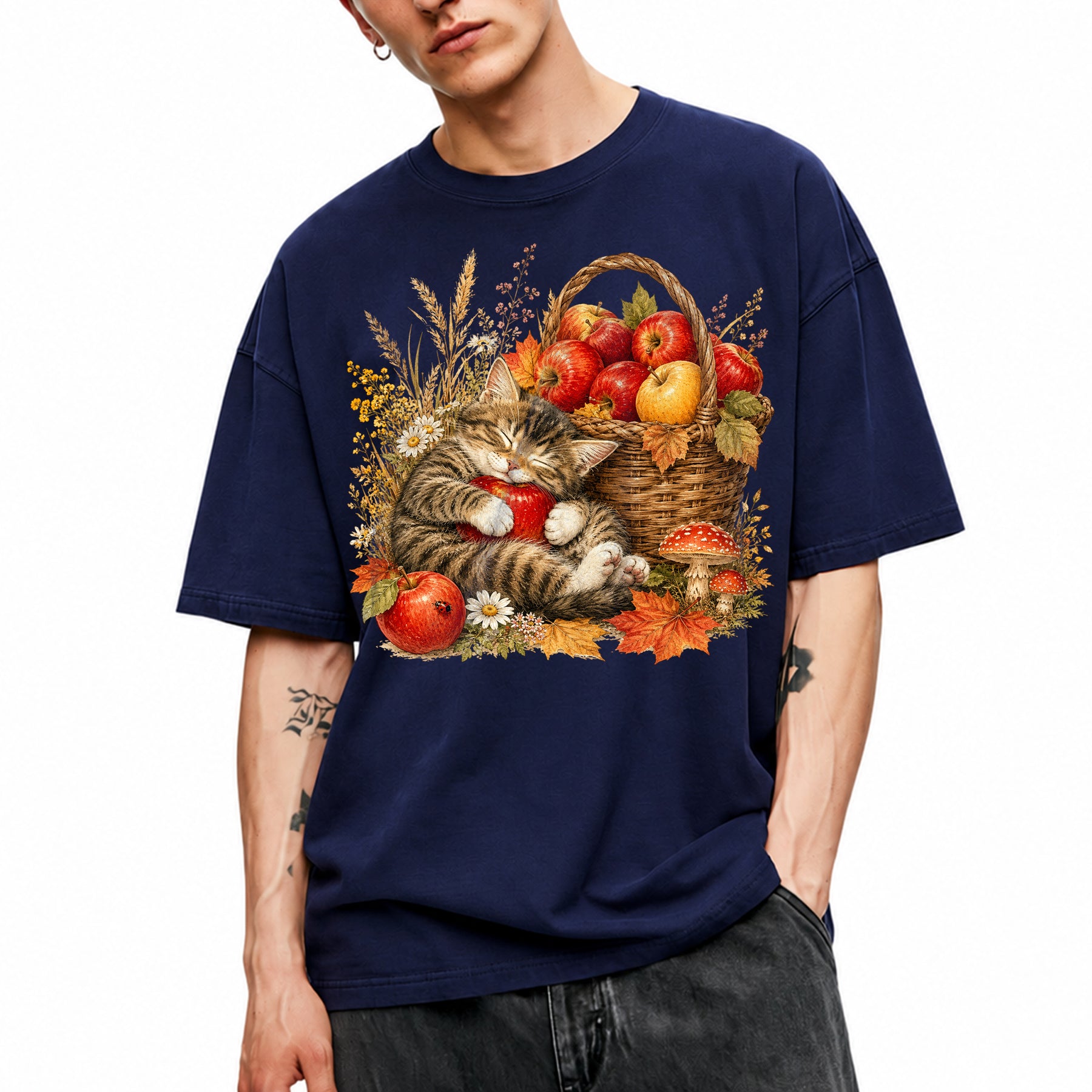 SF_COLOR=navy; SF_ITEM=adult-t-shirt; SF_ROLE=main; Tabby Kitten Sleeping Apple Basket T-Shirt Peaceful Autumn Cat Tee - Navy Adult T-Shirt product image