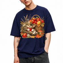 SF_COLOR=navy; SF_ITEM=adult-t-shirt; SF_ROLE=main; Tabby Kitten Sleeping Apple Basket T-Shirt Peaceful Autumn Cat Tee - Navy Adult T-Shirt product image