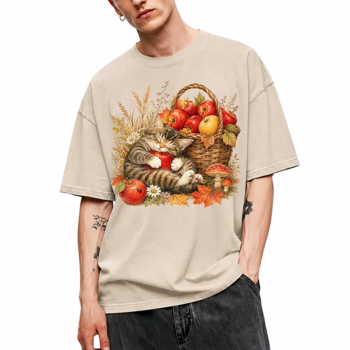SF_COLOR=sand; SF_ITEM=adult-t-shirt; SF_ROLE=main; Tabby Kitten Sleeping Apple Basket T-Shirt Peaceful Autumn Cat Tee - Sand Adult T-Shirt product image