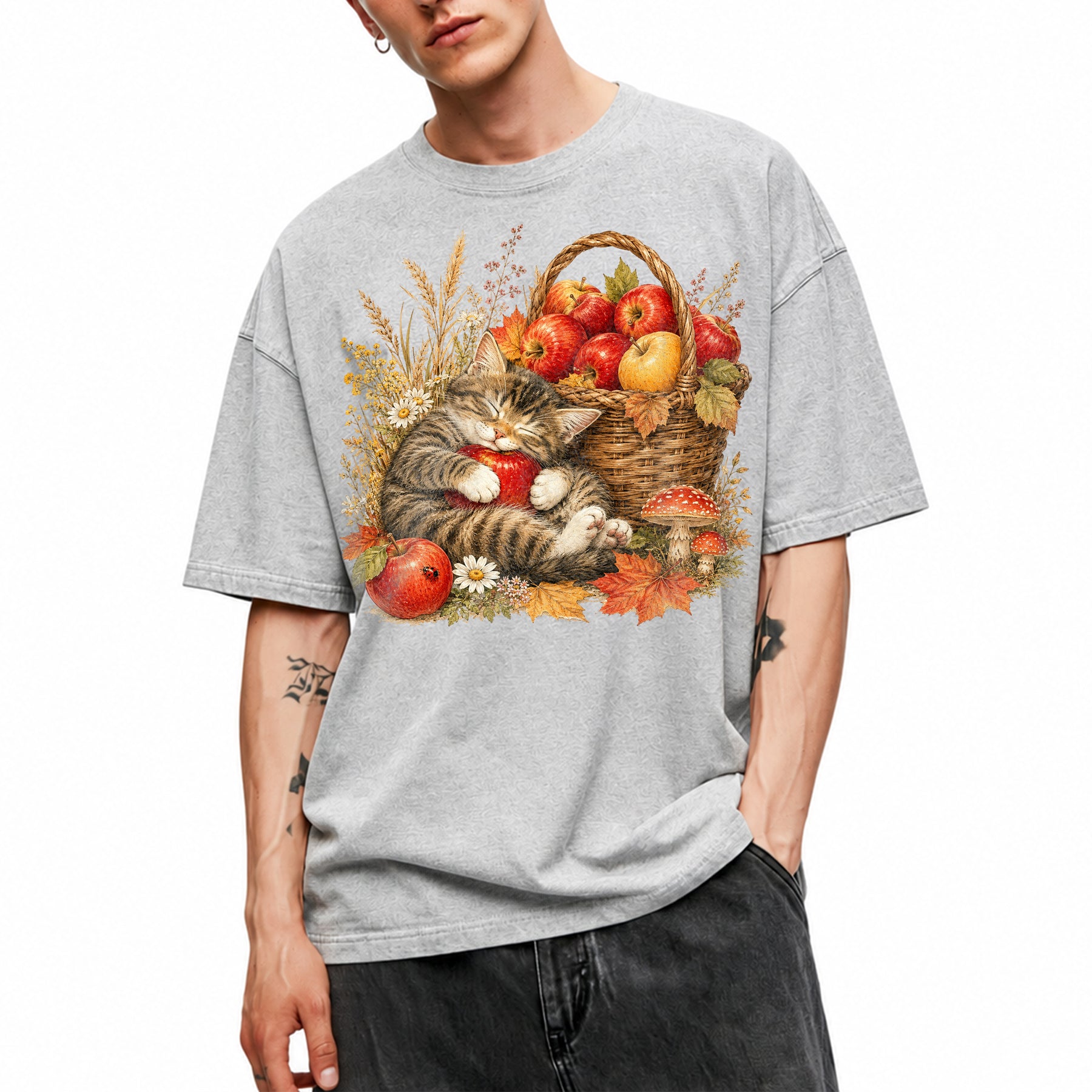 SF_COLOR=sport-grey; SF_ITEM=adult-t-shirt; SF_ROLE=main; Tabby Kitten Sleeping Apple Basket T-Shirt Peaceful Autumn Cat Tee - Sport Grey Adult T-Shirt product image