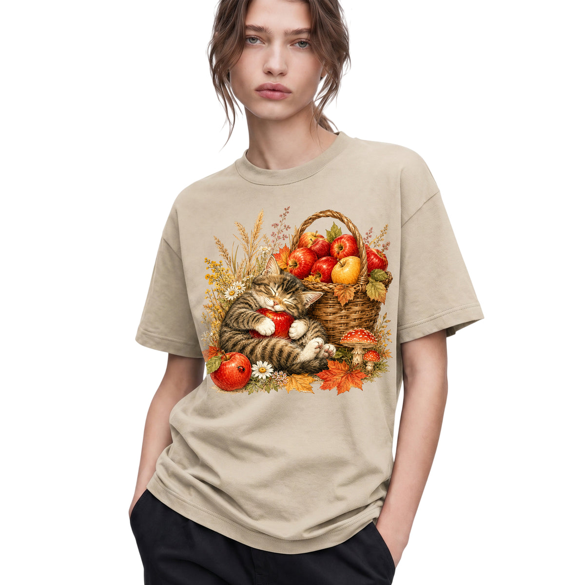 SF_COLOR=sand; SF_ITEM=adult-t-shirt; SF_ROLE=gallery; Tabby Kitten Sleeping Apple Basket T-Shirt Peaceful Autumn Cat Tee - Sand Adult T-Shirt product image