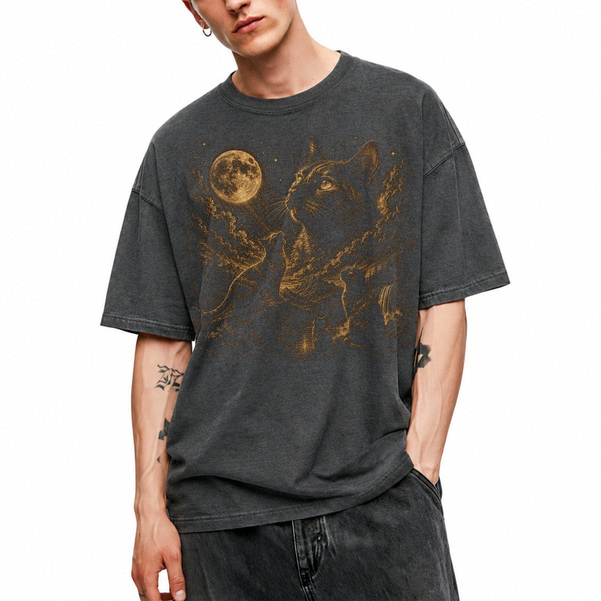 SF_COLOR=dark-heather; SF_ITEM=adult-t-shirt; SF_ROLE=main; Three Cats Howling At Full Moon T-Shirt Vintage Etching Nature Night Sky Apparel - Dark Heather Adult T-Shirt product image